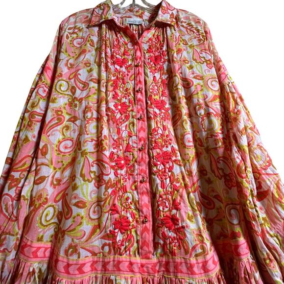 Miss June Paris Pink Green Floral Print Long Sleeve Embroidered Ruffle Dress OS